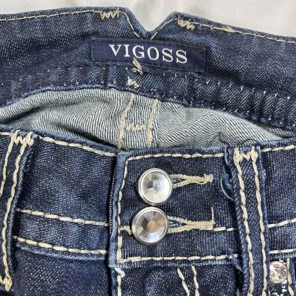 Vigoss Jeans Women 26/32 The Chelsea Straight Blue Denim Stitching Rhinestone - Picture 3 of 12